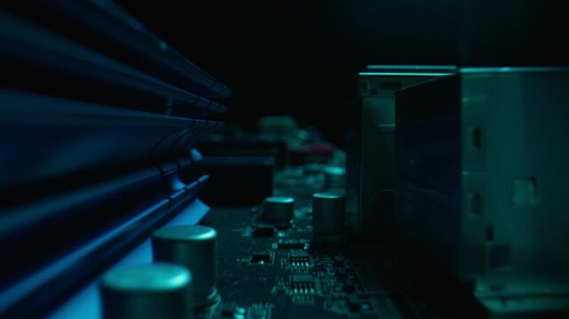 Closeup capacitors powering electronics in dark server environment macro view