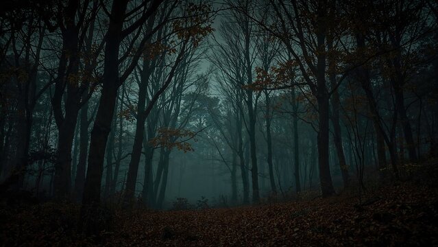 Eerie nighttime woodland scene with a spooky vibe. Halloween-inspired fantasy forest setting. Dreamlike and enigmatic forest environment illustration. 3D visual art.