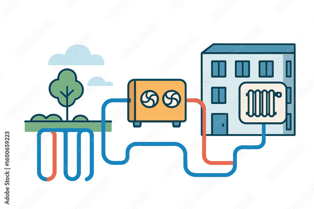 Poster home heating system connected to outdoor unit and ground loop for efficient energy use and temperatu