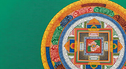 Detailed close-up of a colorful and intricate Tibetan Buddhist mandala with geometric patterns, decorative elements, and vibrant hues against a green background.