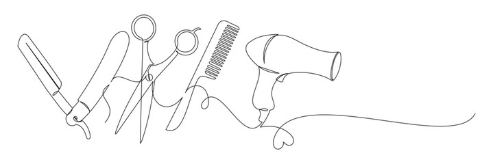 Continuous line drawing of scissors and comb for hair cutting 14
