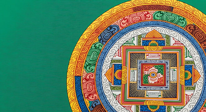 Detailed close-up of a colorful and intricate Tibetan Buddhist mandala with geometric patterns, decorative elements, and vibrant hues against a green background. - Powered by Adobe