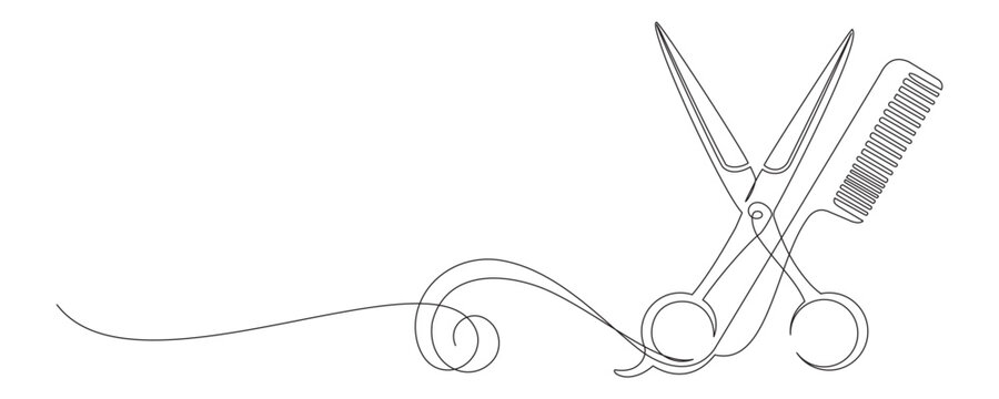 Continuous line drawing of scissors and comb for hair cutting 12 - Powered by Adobe