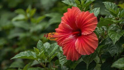 A richly petaled red hibiscus flower displaying a long pistil and eye-catching yellow stamens, set against thin, serrated green leaves.