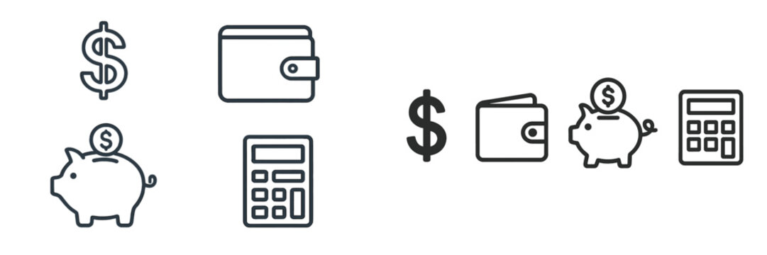 Financial symbols including dollar signs, a wallet, a piggy bank, and a calculator represent money management concepts for budgeting