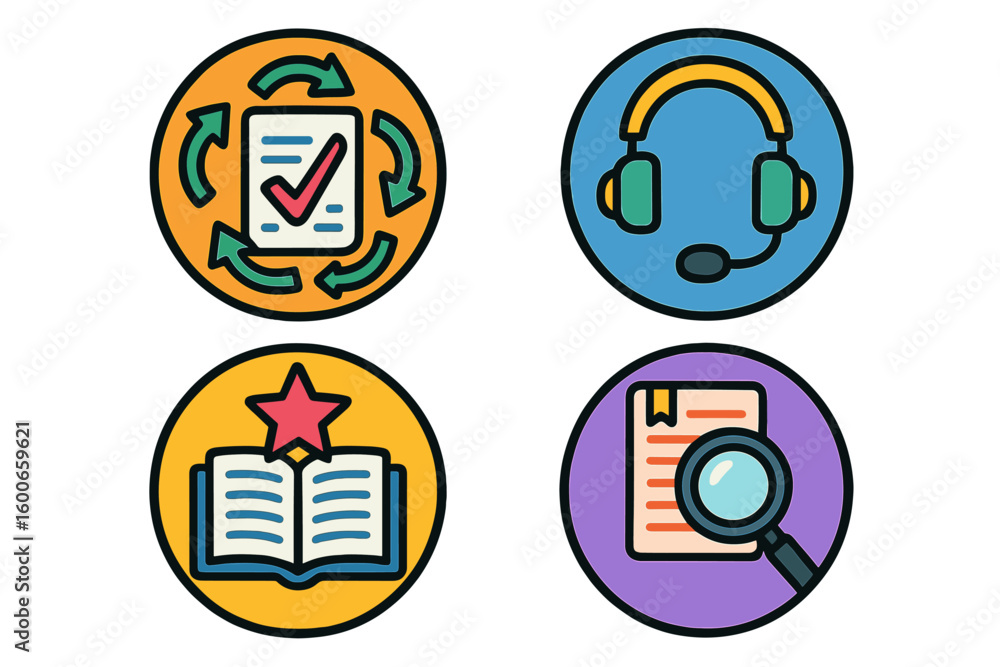 Poster colorful icons representing various educational and organizational concepts in a digital learning en