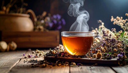 Fototapeta premium Steaming herbal tea in glass cup, surrounded by dried flowers and herbs on rustic wooden table