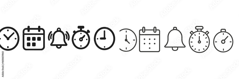 Poster collection of various clock and timer icons arranged in a neat line on a white background showcasing