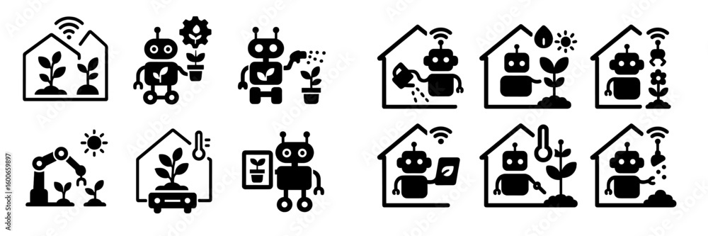 Poster modern robots engaged in gardening tasks in smart homes showcasing automation and technology in agri
