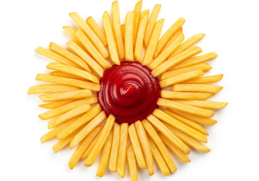 Crispy french fries creatively arranged in a flower shape with a ketchup center on a white background, perfect for fun food art or kids party menus