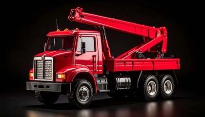 Fototapeta premium A red crane truck stands alert under vertical light panels—its extended arm mid-gesture, neither lifting nor resting. There's poise, precision, and a latent promise of action. Mechanized grace staged 