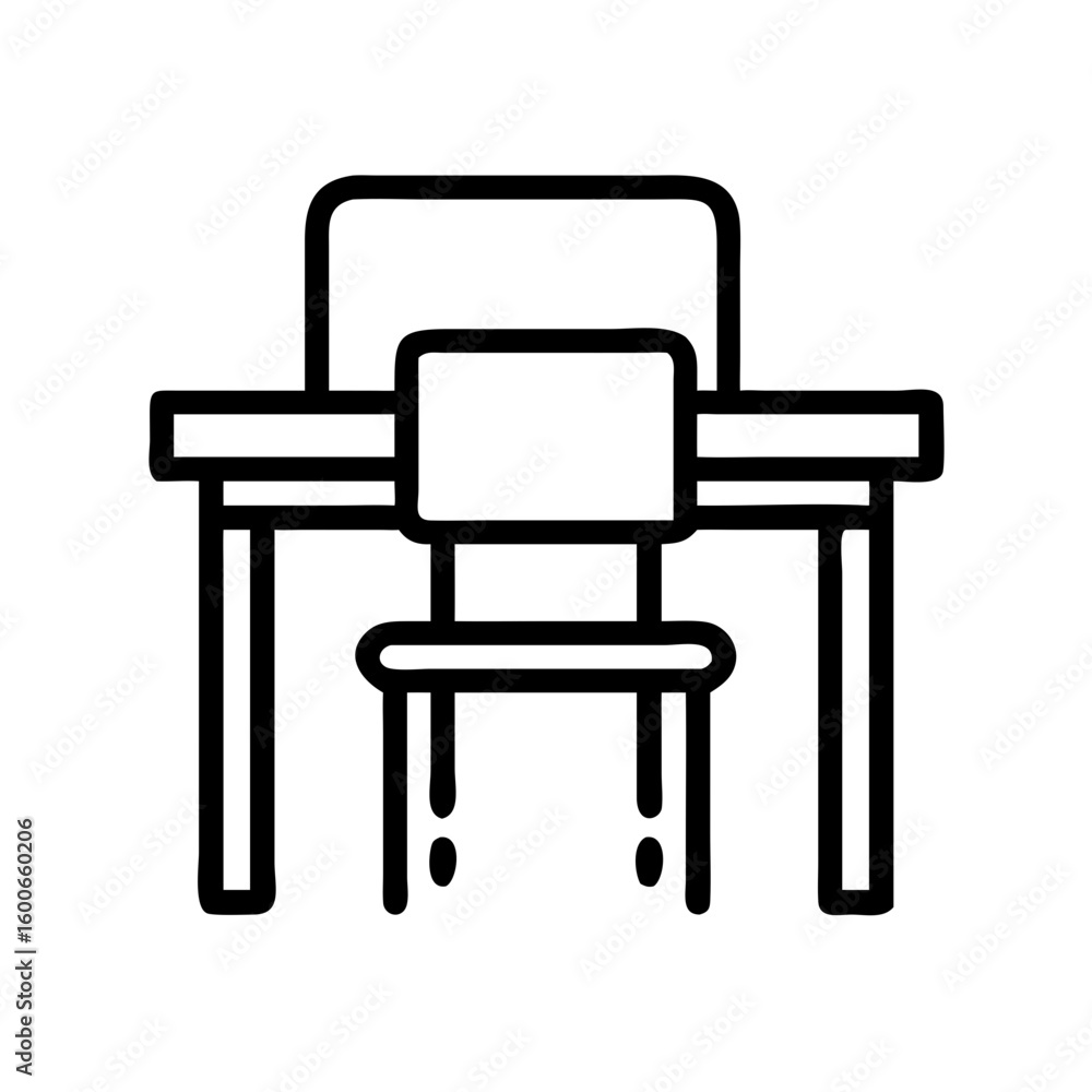 Poster vector art of a simple line drawing icon of a desk with a chair in front of it representing a study 