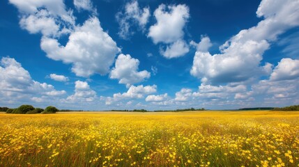 Obraz premium Bright summer day with sunlit golden fields, clear blue sky dotted with fluffy white clouds, and wildflowers waving in the breeze