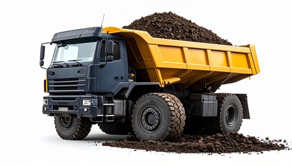 A massive yellow dump truck, tilted and loaded with dirt, radiates bulk and intent—a creature of excavation, too heavy for metaphors of flight. Its six wheels grip the earth like memory clutching weig