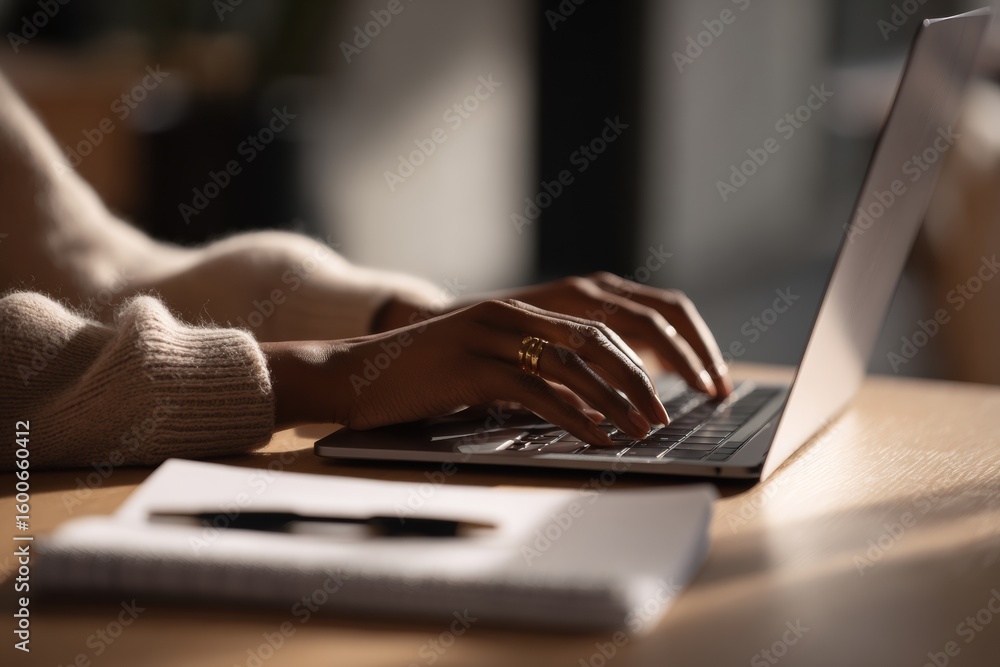 Poster students hands are focused on typing on a laptop while participating in an online lesson. a notebook