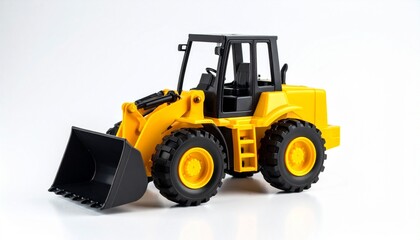 Fototapeta premium A yellow and black toy bulldozer rests idle—its treaded wheels exaggerated, its front loader frozen mid-scoop. Plastic power distilled into childhood scale, it’s less a machine than a memory container