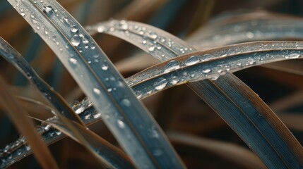 Naklejka premium Delicate blades of grass covered in dew drops.