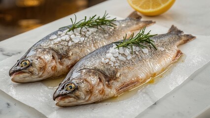 Fresh trout fillets seasoned with sea salt, lemon, and rosemary prepared for cooking