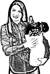 Happy woman holding bag with food