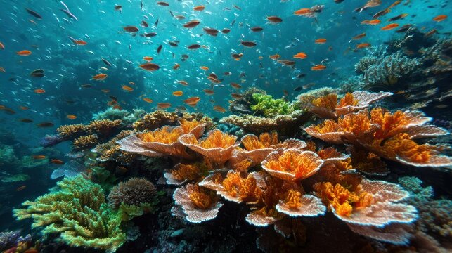 Close-up of intricate coral formations with schools of tiny fish weaving through the underwater landscape