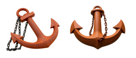 Two weathered rusty metal ship anchors with attached chains are displayed against a clean transparent