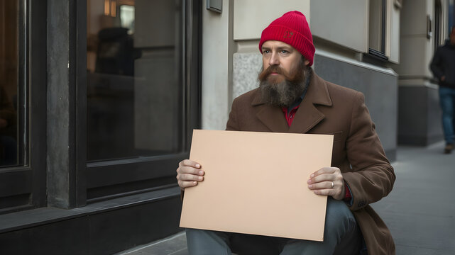 A man with a beard wearing a red beanie and coat sits on the sidewalk against a building. He holds a blank cardboard sign, reflecting a moment of stillness in a busy urban setting