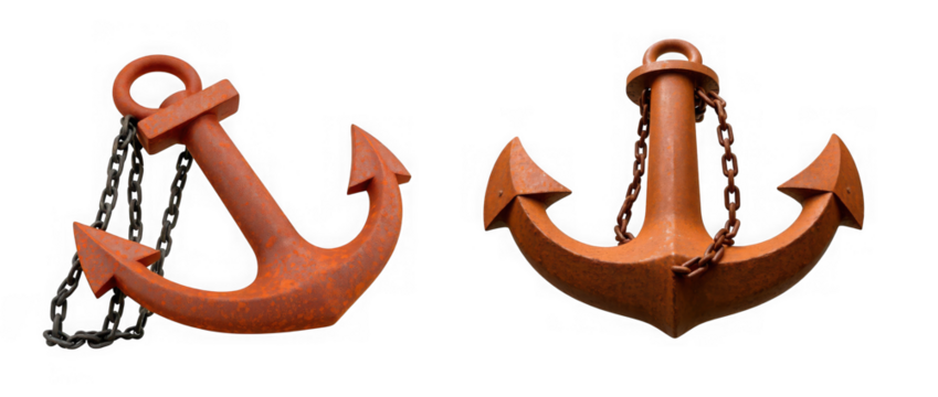 Two weathered rusty metal ship anchors with attached chains are displayed against a clean transparent