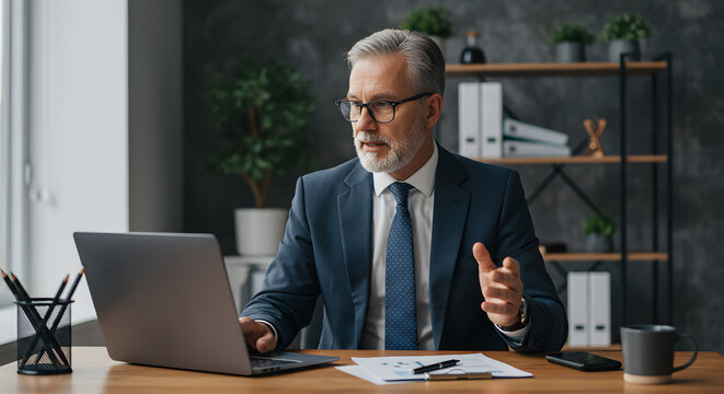 Mature business man executive coach talking using laptop computer having video conference call virtual meeting, professional training negotiation remote working doing online presentation in office.