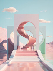 Minimalist architectural structure with pink spiral staircase abstract architecture