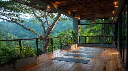 Elevated terrace yoga deck with adaptive smart lighting and speaker system, overlooking dense tropical greenery