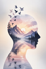 Silhouette of a head filled with a serene mountain lake landscape at sunset with birds flying mountains