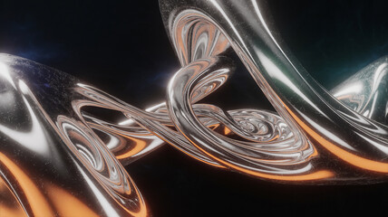 Gleaming metallic curves intertwined with soft orange light chrome abstract