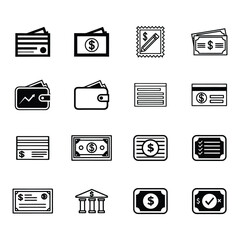 Collection of black and white financial icons representing wallets money and credit cards
