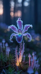 Frost kissed purple orchid glowing in mystical forest dew drops