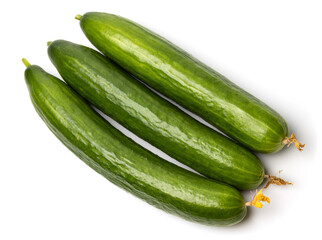 Photo of three green ripe natural organic cucumbers isolated on white background