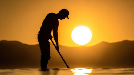 Silhouette of a person paddleboarding at sunset.