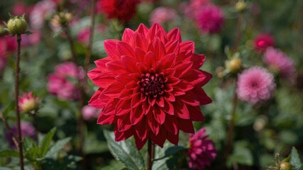 Red dahlia flower in full bloom surrounded by pink dahlia blossoms in a vibrant garden setting during flowering season