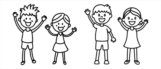 Charming doodle style illustration of a happy boy and girl waving hello isolated on a clean white background for children s projects