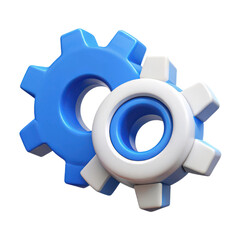 Two interlocking 3d rendered gears one blue and one white symbolizing teamwork and mechanical connection isolated on transparent background