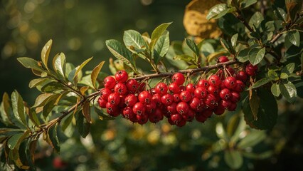 Obraz premium Fresh hawthorn red berries on a branch with vivid green leaves and a softly blurred backdrop.