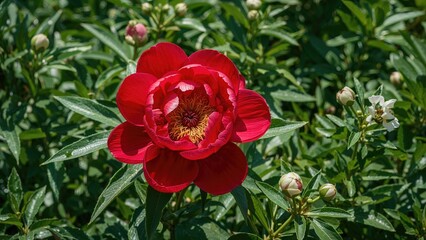 Scarlet bloom of ornamental tree peony, nectar source in the yard
