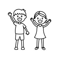 Charming doodle style illustration featuring a happy smiling boy and girl waving hello on a clean white background perfect for children s themes