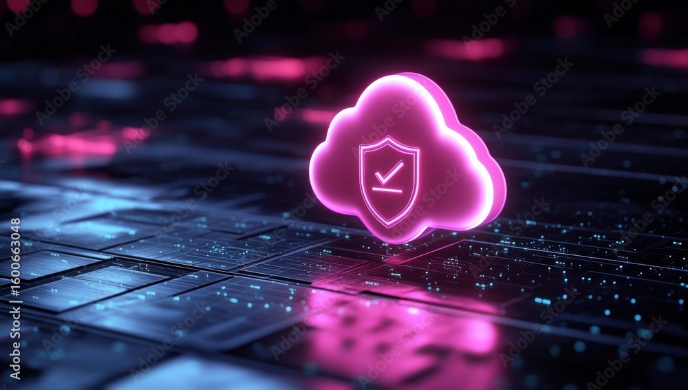 Aufkleber a glowing pink cloud icon with a security shield floats above a futuristic keyboard, symbolizing clo