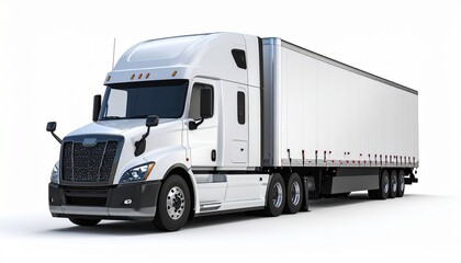 A white semi-truck with aerodynamic curves and a long cargo trailer rests against a blank canvas&mdash;its solitude transforms it from mere vehicle to metaphor for burden, momentum, and modern silence