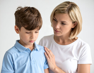 Boy with head bowed while mom lectures sternly, studio lighting, clean white background.