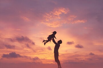 silhouette of father lifting his daughter joyfully against a pastel sky, glowing light and space in the sky for writing, peaceful and inspiring