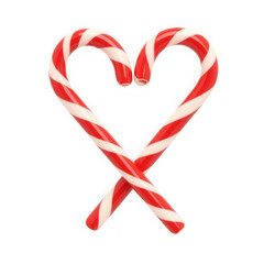 Two red and white striped candy canes are crossed to form a heart shape against a stark transparent