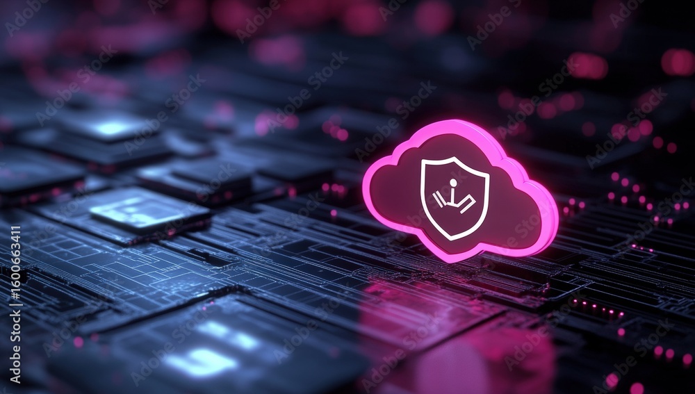 Poster a glowing pink cloud with a shield icon floats above a dark circuit board, symbolizing cloud securit