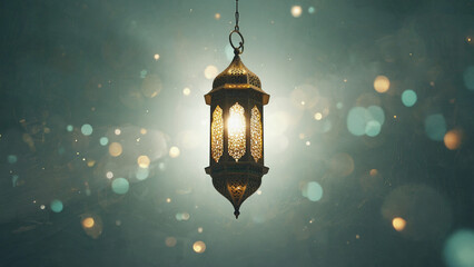 Golden Lantern Hanging with Bokeh Lights on a Teal Background
