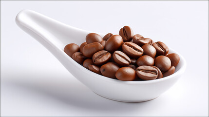 Coffee beans in white ceramic spoon, white background, fine powder texture, clean food photography,food and drink.